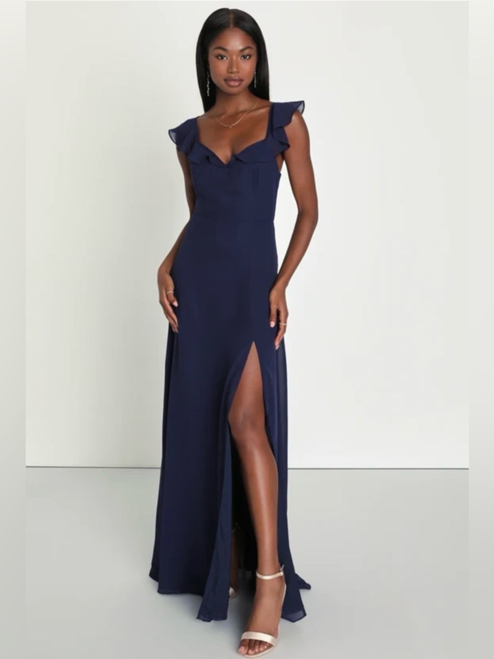 Lulus Sweetest Entrance Navy Blue Ruffled Tie-Back Maxi Dress L NWT